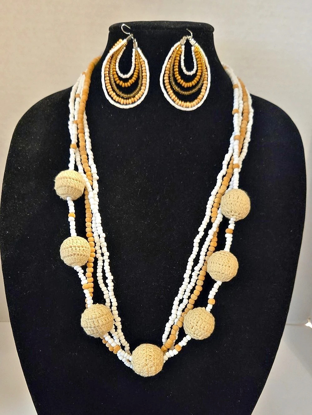 Beaded Necklace & Earrings in White, Cream And Tan